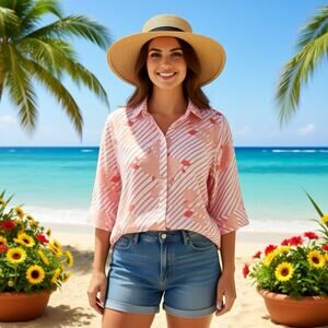 Roamans Button Up Shirt Women Plus Size 20W Floral 1/2Sleeve Casual Lightweight